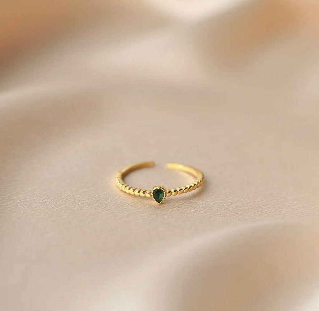 Stainless Steel Green Drop Stone Ring